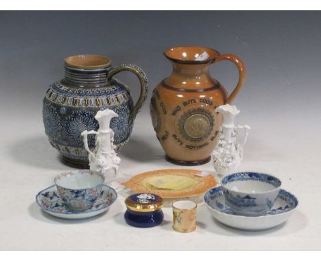 A good collection of decorative ceramics and glassware, including Doulton stonewares, Worcester blush ivory wares, 18th centu