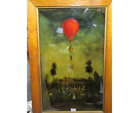 An overpainted reverse glass print of figures in a landscape by a hot air balloon in flightoil on printed glass80 x 49cm