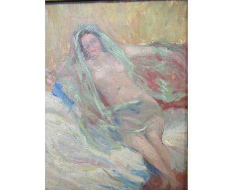 Orientalist school, 20th century, An odalisque reclining on a couch, oil on panel, bears a label to the reverse 'Le Bas Colle