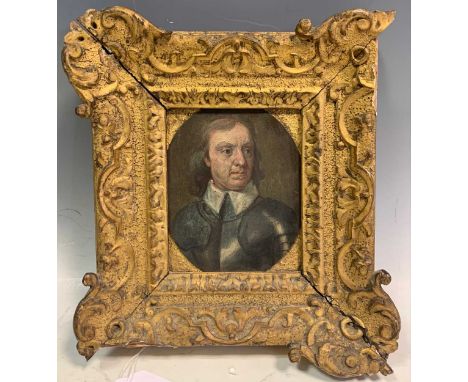 After Robert Walker, portrait of Oliver Cromwell, oil on copper, 11 x 8.5cm; together with a print by J. Cladwell of the same