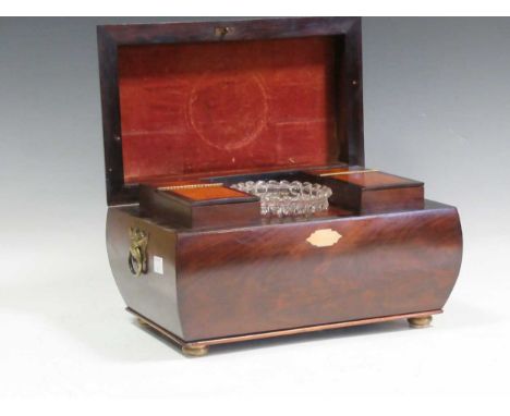 A good 19th century bombé tea caddy with specimen wood inlaid top