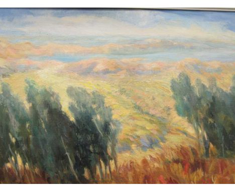 Norah R Bridges, Blue Gums Near San Francisco, signed 'N R. Bridges' (lower right) oil on board, 40 x 60cm 