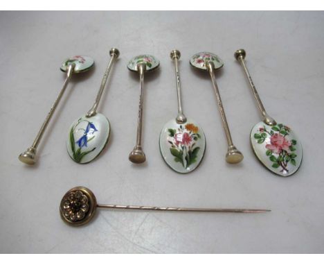 A diamond, gemset and enamel stick pin, tested as 9ct gold weight 3.1g, together with a set of six silver teaspoons, the back