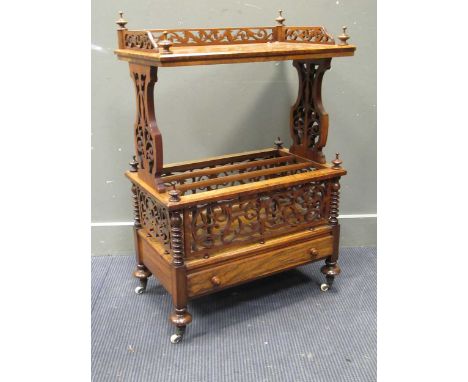 A Victorian burr walnut canterbury whatnot, 99 x 66 x 40 cmCondition report: Lower section the back right finial has been chi