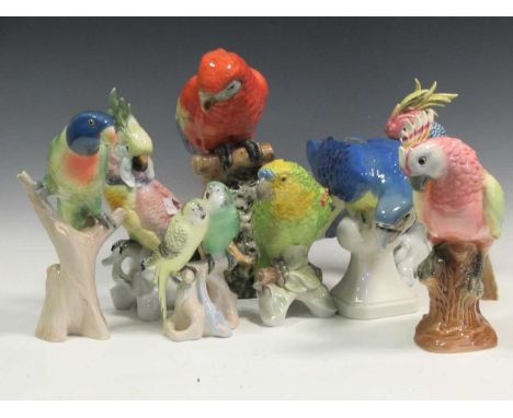 A collection of Royal Dux, Goebel and Karl Ens bird parrots and cockatoos, tallest 32cm high 