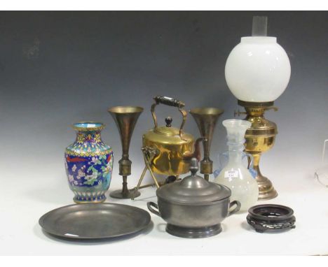 A brass oil lamp with white glass shade, together with a brass kettle on stand with burner; A cloisonné vase and stand; A pew