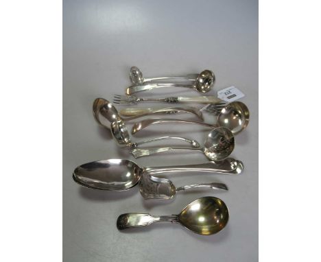 A collection of interesting silver flatware including a pair of early tablespoons, caddy spoons, ladles, sifters, pickle fork