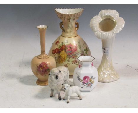 A Royal Worcester blush ivory vase, a smaller Royal Worcester blush ivory vase, a Belleek vase, Beswick ewe and lamb, a small