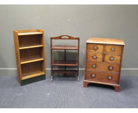 A 19th century mahogany commode, 77 x 59 x 47 cm, together with a set of oak bookshelves, 91 x 46 x 19 cm and a folding two-t