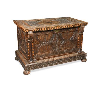 incorporating period timbers, the rectangular top inlaid with a floral panel and carved surround, with further carved panel f