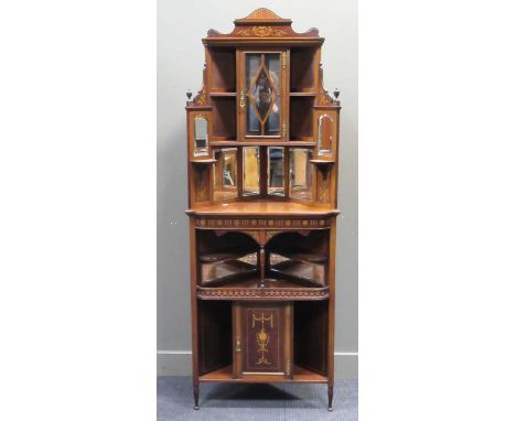 An Edwardian inlaid mahogany corner unitCondition report: 193cm highSome surface scratchesVarious knocks and chips especially