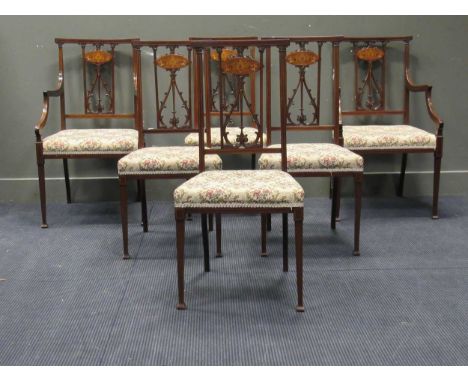 An Edwardian parlour suite of six inlaid frame mahogany dining chairs including two armchairs, and a settee. Bench is 120 cm 