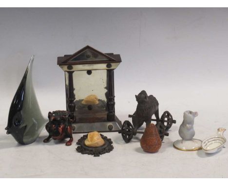 A mirrored tabernacle, a carved medalion of a lady in a metal frame, Bavarian porcelain model of a rat, metal toy horse on wh