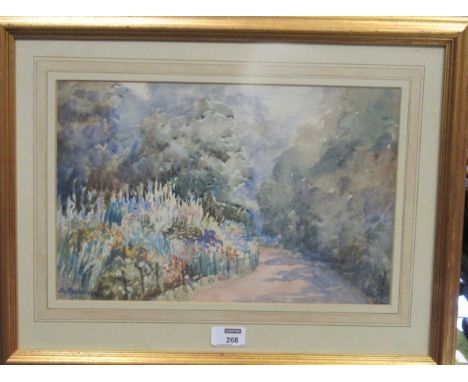 J.E Patterson, a garden walk, sighed 'J E Patterson' (lower left), watercolour on paper, 24 x 37cm
