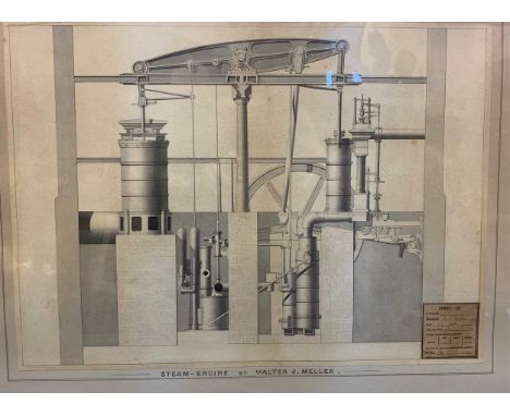 Walter Joseph Meller (1848-1946), Design for a steam engine,  watercolour and ink, 35 x 48cm, framed 72 x 84cm, with a Derby 