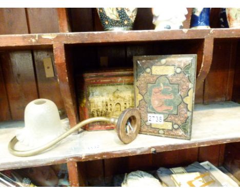 BISCUIT TINS AND LIGHT FITTINGS. Two antique collectable biscuit tins and Edwardian light fitting 