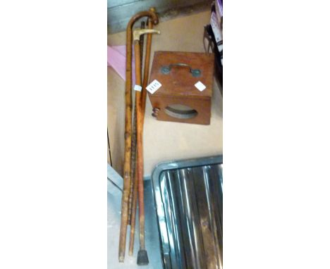 MIXED WALKING STICKS. Four mixed walking sticks and a mahogany pigeon clock carry box 