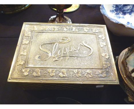 VINTAGE BRASS SLIPPER BOX. Brass rectangular slipper storage box