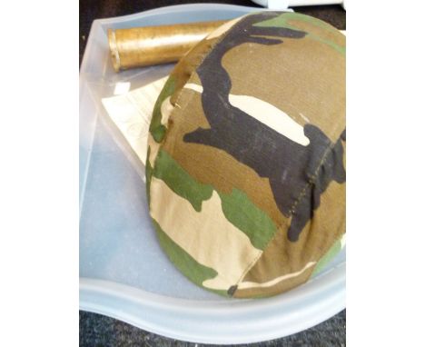 MILITARY EPHEMERA. Military style helmet, cartridge case and selection of WWII ephemera