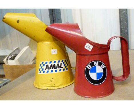 VINTAGE OIL JUGS. Two metal plate vintage oil jugs marked Amal and BMW