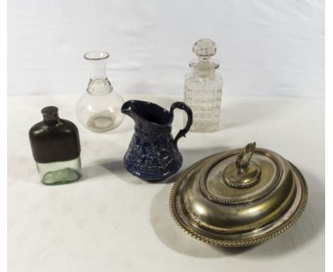 Two decanters, a hip flask, jug and silver plated tureen