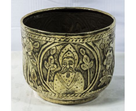Antique Islamic brass embossed planter depicting animals and portrait plaques to the sides, 20cm diameter, 18cm high