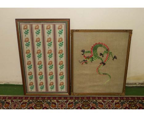 A framed tapestry together with a framed silk embroidery of a dragon