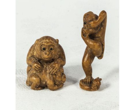 2 small hardwood monkey netsuke