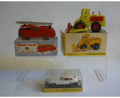 131 Jaguar E Type, white, boxed, 555 Fire Engine, boxed, Michigan Tractor Dozer, box AF, all G-E (3) (Est. plus 21% premium i