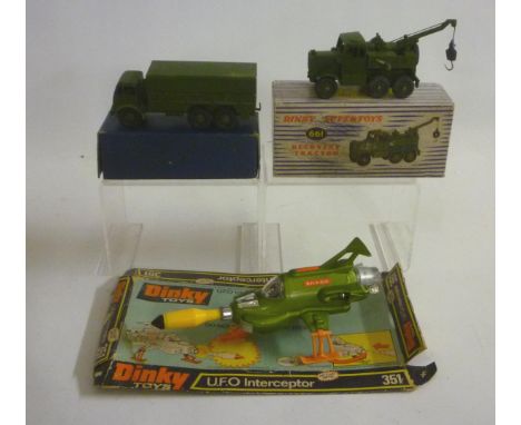 661 Recovery Tractor, box sound but scribbled, G, 351 U.F.O. Interceptor, box poor, G, 622 10-ton Army Truck, box base only, 