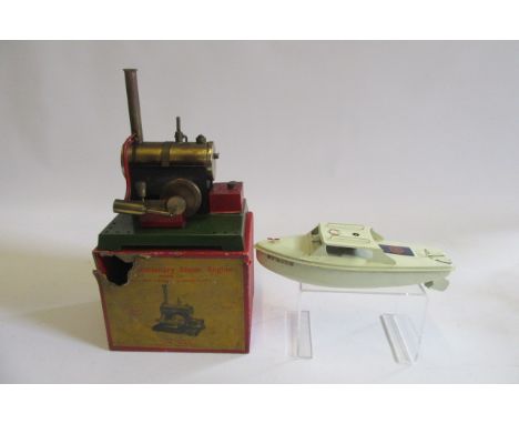 A Latimer Productions stationary steam engine L.5 with horizontal boiler on base, 6 3/4" wide, boxed, and a Sutcliffe Sprite 