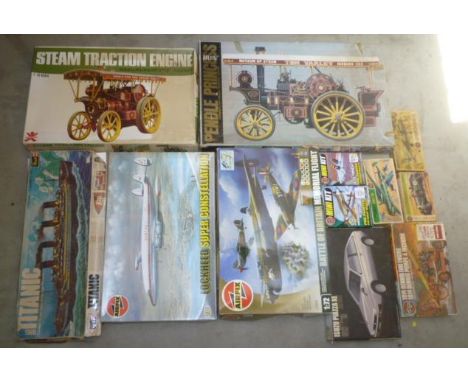 Twelve plastic kits by Airfix and others, boxed (some AF), parts not checked, and six large scale die cast vehicles by Burago