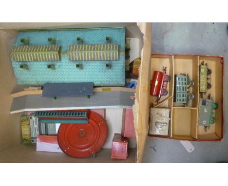 O gauge track by Hornby and Bowman including points and crossovers, trackside accessories with engine shed, turntable, line c