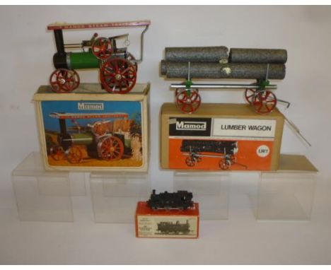 A Mamod T.E.1a traction engine, boxed, a Mamod LW.1 lumber wagon, boxed, and a Finecast LMS 0-6-0 tank locomotive (OO gauge) 