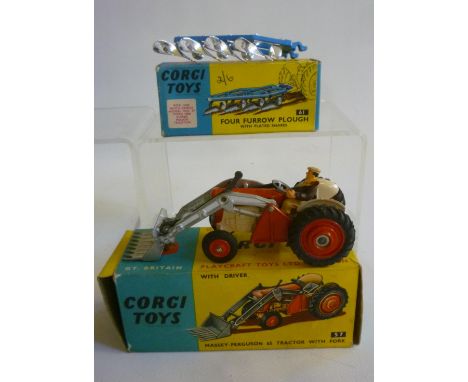 57 Massey Ferguson 65 Tractor with fork, red hubs, boxed, G-E, 61 Four Furrow Plough, boxed, E (2) (Est. plus 21% premium inc
