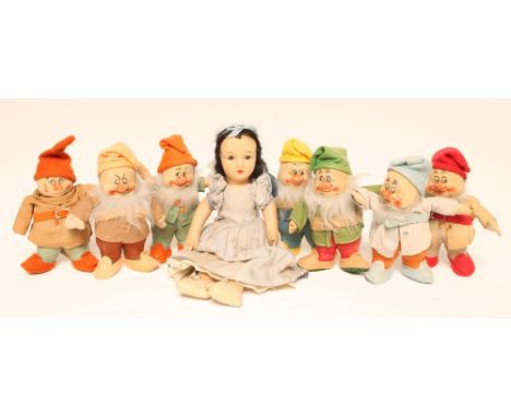A Chad Valley Snow White and Seven Dwarfs, 1930's, all in original clothing, Snow White 12" high, all dwarfs labelled (8)  (E