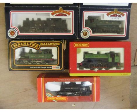 Five steam tank locomotives comprising Bachmann Ivatt Class 2, G.W.R. Class 57XX, N.E. J78, Hornby L.Y. 0-4-0 and NBC J94, al