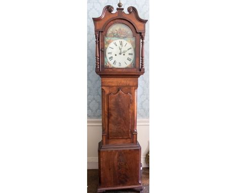 A longcase clock approx. 1860 believed by a Nottingham maker. 8-day movement with 13” arch dial depicting the Crimean war bea