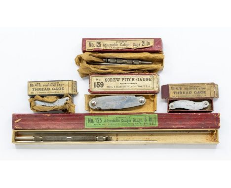 Clockmaker's tools Starrett USA Adjustable calliper gauge 6” No 125. 2 ½” No 125. Screw pitch guage No 159. Thread gauges No 