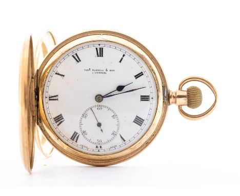 A 9ct gold full hunter pocket watch, Chester 1916, the white enamel dial inscribed "Thomas Russell and son, Liverpool"&nbsp; 