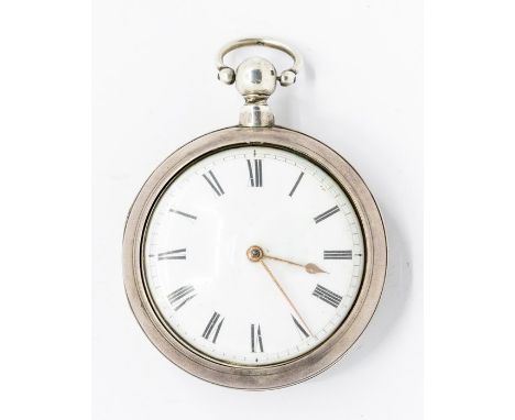 A George III paired case silver pocket watch with gold hands, white enamel dial with Roman numerals, the case London 1814, th