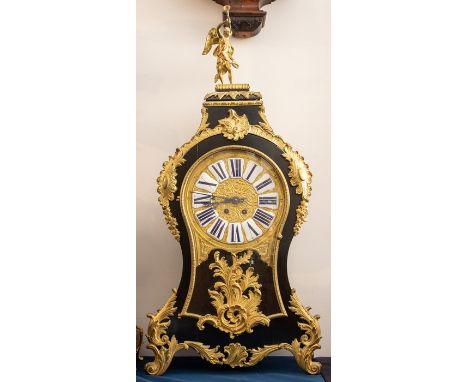 Large late French Boulle wall clock on original bracket with French movement chiming on a gong. 10” dial two train movement. 