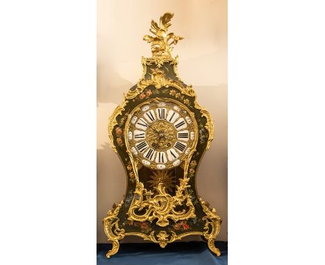 A good French Boulle wall clock on original bracket, with Bass gliding. Ebonised case and bracket painted with flowers (roses