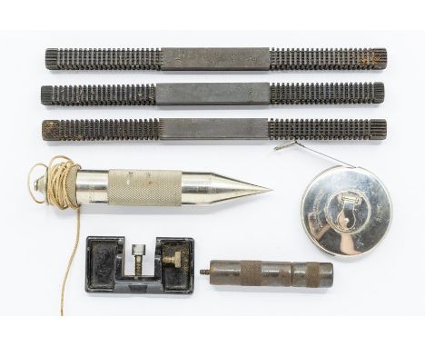 Clockmakers tools. Starrett Metal tape measure 33 foot, Thread gauges and assorted items.