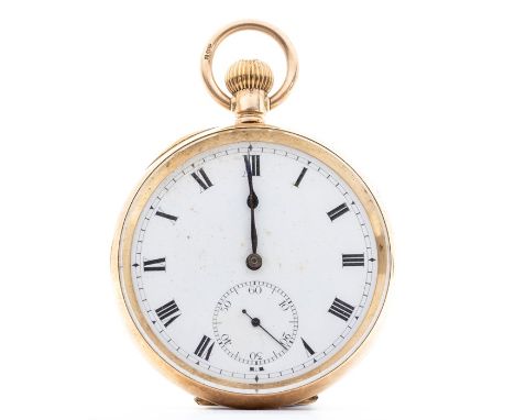 A 9ct gold open face pocket watch, white enamel dial with Roman numerals, subsidiary seconds dial, import mark (1)