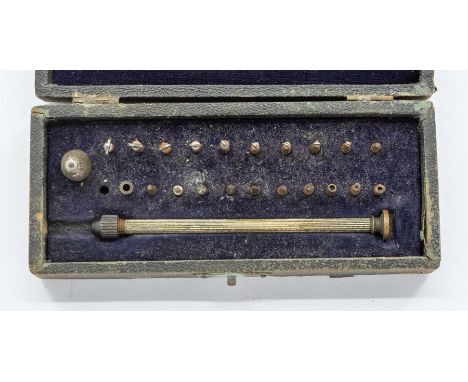 Victorian clockmakers Rose Cutters in small velvet lined box with drills and burnishing tools.
