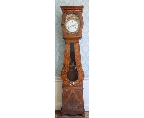 French Longcase clock dial with name Matignon Aine a’ Chuelles. On the enamel dial. In a pine case painted with flowers Large