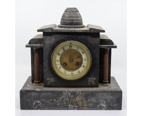 French slate mantel clock 4” dial two train movement chiming on a gong In need of restoration slate base missing A/F