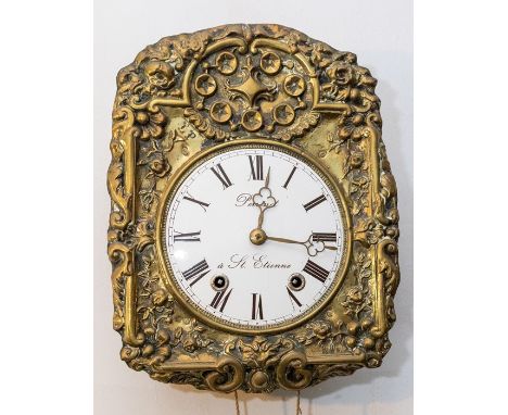 French Wall clock with enamel dial with name Perrent a’ St Etienne painted on it. Two train movement striking on a bell. Pres