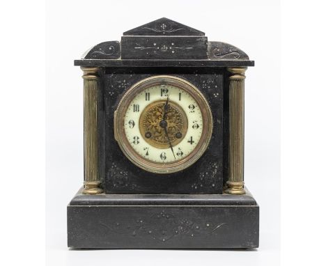 French slate mantel clock 4” dial two train movement chiming on a gong Some damage to the slate at the front